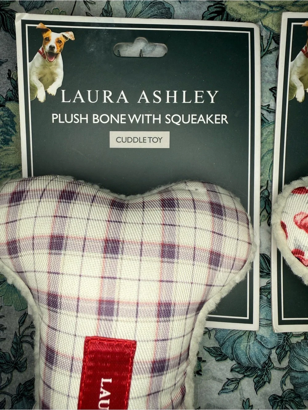 NWT Laura Ashley Plush Bone Squeaker Dog Toy Bundle Set of 2 Floral Plaid